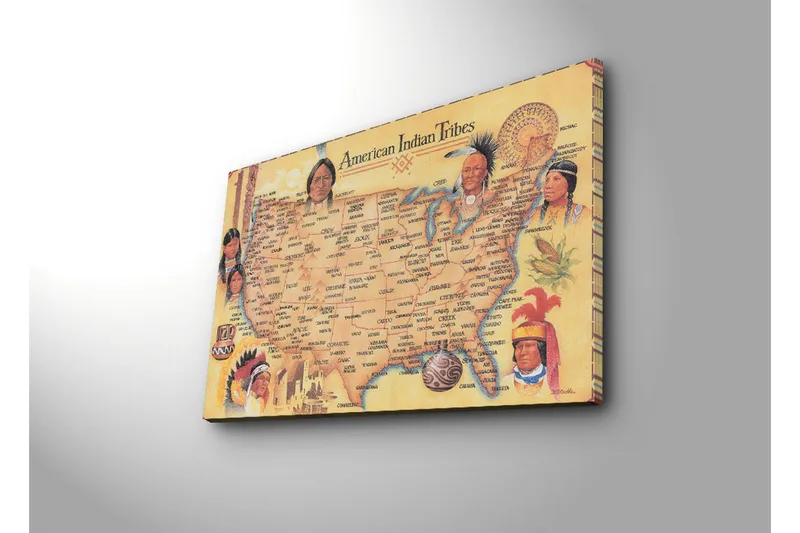 Canvas-taulu 70x45 cm - Amerikan intiaaniheimojen kartta ja muotokuvia eri heimoista - Keltainen / Ruskea / Punainen - Sisustustuotteet - Taulu & taide - Canvas-taulu