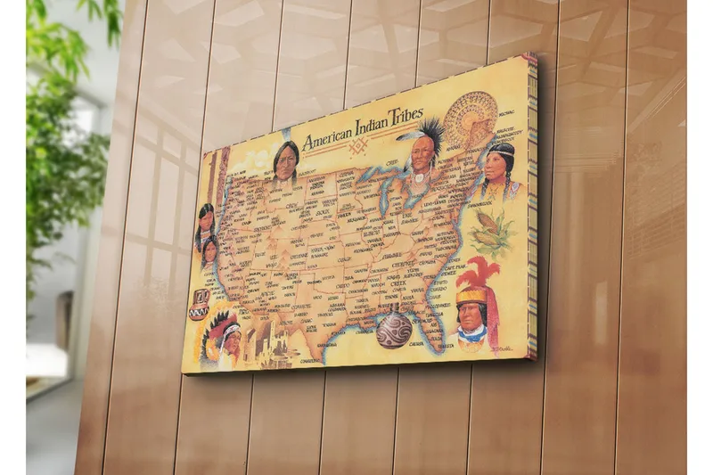 Canvas-taulu 70x45 cm - Amerikan intiaaniheimojen kartta ja muotokuvia eri heimoista, Keltainen / Ruskea / Punainen
