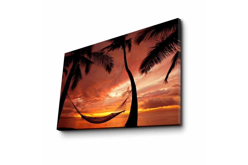 Canvas-taulu 70x45 cm - Auringonlasku meren yllä riippumatossa palmujen välissä - Oranssi / Musta / Punainen - Sisustustuotteet - Taulu & taide - Canvas-taulu
