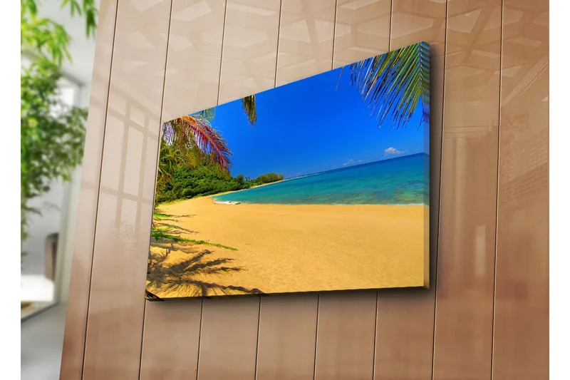 Canvas-taulu 70x45 cm - Aurinkoinen ranta turkoosilla vedellä ja palmuilla, Sininen / Vihreä / Keltainen
