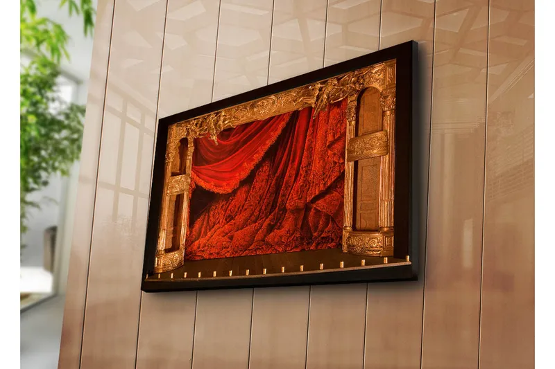 Canvas-taulu 70x45 cm - Dramaattiset punaiset verhot koristeellisilla yksityiskohdilla, Punainen / kulta