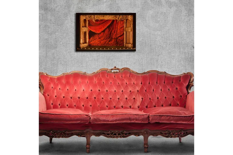 Canvas-taulu 70x45 cm - Dramaattiset punaiset verhot koristeellisilla yksityiskohdilla - Punainen / kulta - Sisustustuotteet - Taulu & taide - Canvas-taulu