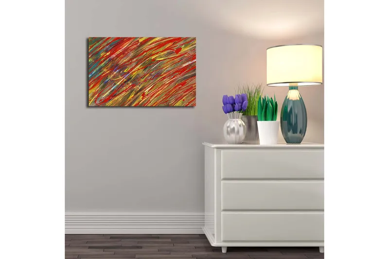 Canvas-taulu 70x45 cm - Dynaaminen abstrakti sommitelma värikkäillä siveltimenvedoilla - Punainen / Keltainen / Vihreä - Sisustustuotteet - Taulu & taide - Canvas-taulu