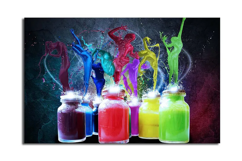 Canvas-taulu 70x45 cm - Dynaaminen värien ja liikkeen räjähdys tanssivien hahmojen kera, Punainen / Vihreä / Sininen
