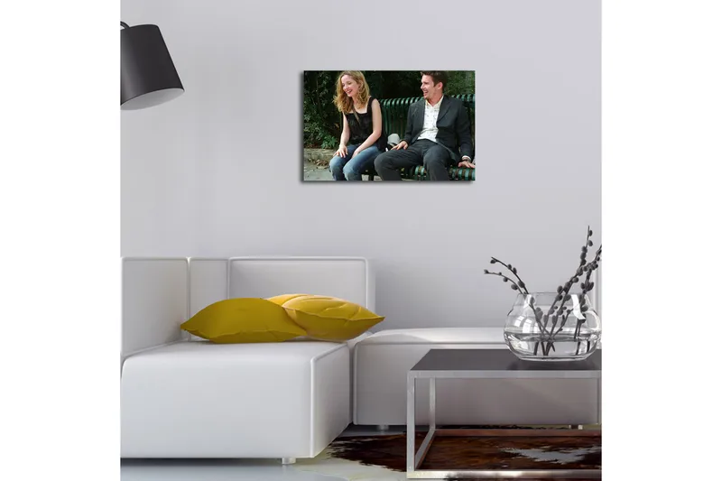 Canvas-taulu 70x45 cm - Iloinen vuorovaikutus kahden ihmisen välillä penkillä - Vihreä / Musta / Beige - Sisustustuotteet - Taulu & taide - Canvas-taulu