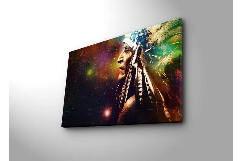 Canvas-taulu 70x45 cm - Intian muotokuva höyhenillä ja tähtitaivaalla - Tummanruskea / Vihreä / Violetti - Sisustustuotteet - Taulu & taide - Canvas-taulu