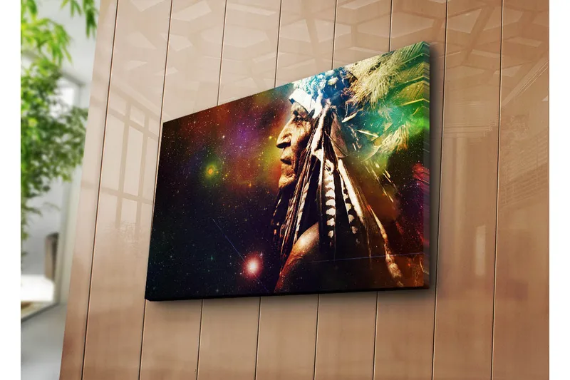 Canvas-taulu 70x45 cm - Intian muotokuva höyhenillä ja tähtitaivaalla, Tummanruskea / Vihreä / Violetti