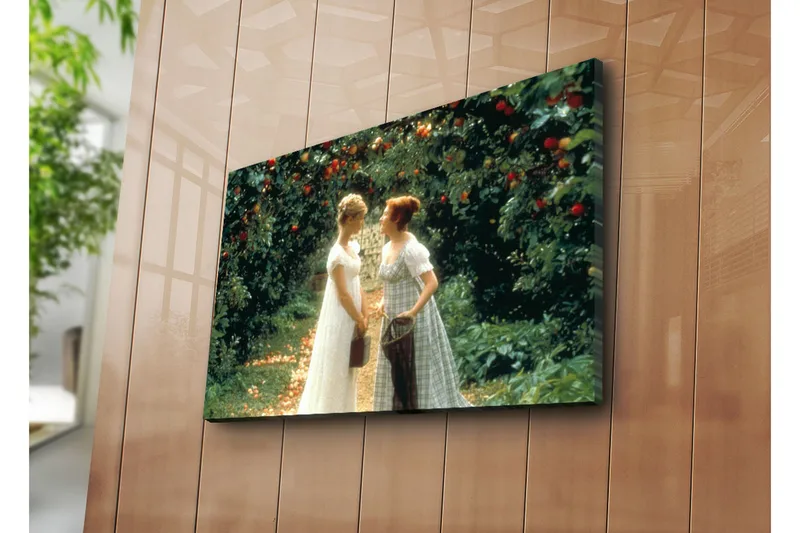 Canvas-taulu 70x45 cm - Kaksi naista omenapuutarhassa, Vihreä / Valkoinen / Punainen
