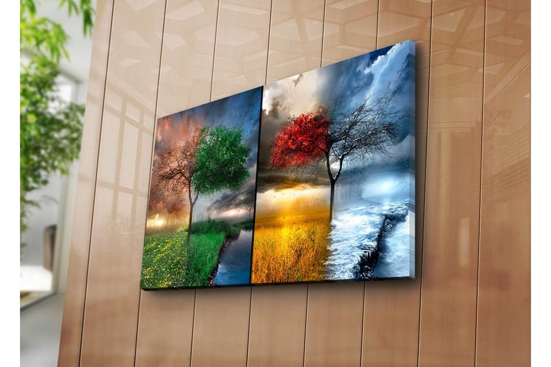 Canvas-taulu 70x45 cm - Kaksi puuta vastakkaisissa vuodenajoissa, toinen vihreillä ja toinen punaisilla lehdillä - Vihreä / Punainen / Sininen - Sisustustuotteet - Taulu & taide - Canvas-taulu