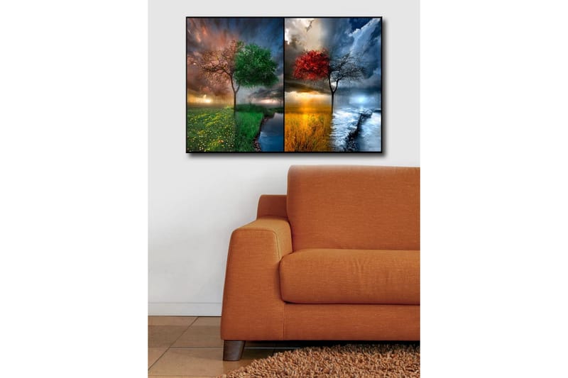 Canvas-taulu 70x45 cm - Kaksi puuta vastakkaisissa vuodenajoissa, toinen vihreillä ja toinen punaisilla lehdillä - Vihreä / Punainen / Sininen - Sisustustuotteet - Taulu & taide - Canvas-taulu
