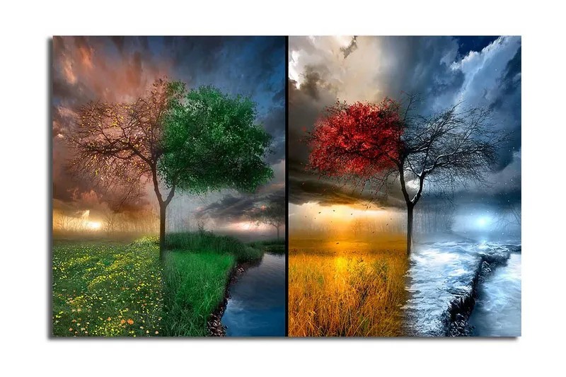 Canvas-taulu 70x45 cm - Kaksi puuta vastakkaisissa vuodenajoissa, toinen vihreillä ja toinen punaisilla lehdillä - Vihreä / Punainen / Sininen - Sisustustuotteet - Taulu & taide - Canvas-taulu