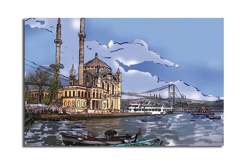 Canvas-taulu 70x45 cm - Kaunis moskeija veden äärellä, taustalla silta, Sininen / Beige / Vihreä