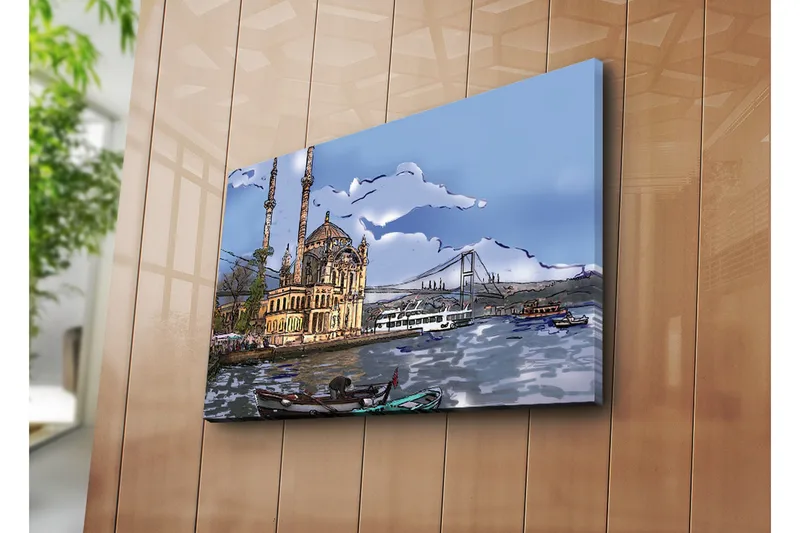 Canvas-taulu 70x45 cm - Kaunis moskeija veden äärellä, taustalla silta - Sininen / Beige / Vihreä - Sisustustuotteet - Taulu & taide - Canvas-taulu