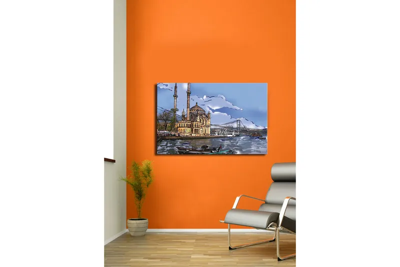 Canvas-taulu 70x45 cm - Kaunis moskeija veden äärellä, taustalla silta - Sininen / Beige / Vihreä - Sisustustuotteet - Taulu & taide - Canvas-taulu