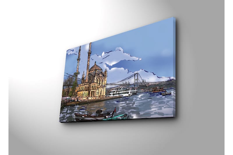 Canvas-taulu 70x45 cm - Kaunis moskeija veden äärellä, taustalla silta - Sininen / Beige / Vihreä - Sisustustuotteet - Taulu & taide - Canvas-taulu