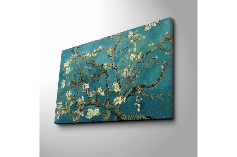 Canvas-taulu 70x45 cm - Kukkivia oksia turkoosia taustaa vasten - Turkoosi / Valkoinen / Tummanvihreä - Sisustustuotteet - Taulu & taide - Canvas-taulu