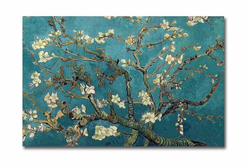 Canvas-taulu 70x45 cm - Kukkivia oksia turkoosia taustaa vasten - Turkoosi / Valkoinen / Tummanvihreä - Sisustustuotteet - Taulu & taide - Canvas-taulu