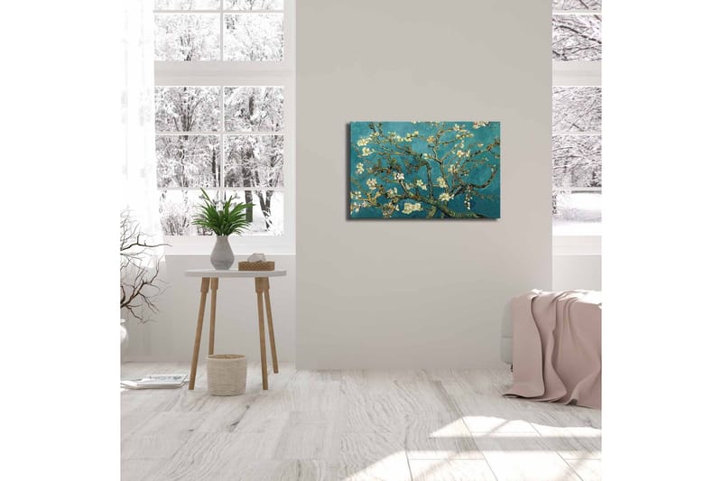 Canvas-taulu 70x45 cm - Kukkivia oksia turkoosia taustaa vasten - Turkoosi / Valkoinen / Tummanvihreä - Sisustustuotteet - Taulu & taide - Canvas-taulu