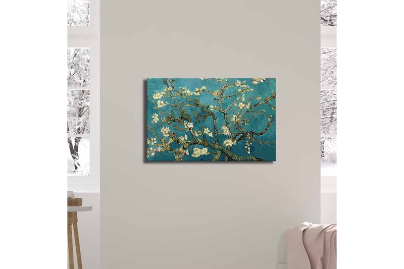 Canvas-taulu 70x45 cm - Kukkivia oksia turkoosia taustaa vasten - Turkoosi / Valkoinen / Tummanvihreä - Sisustustuotteet - Taulu & taide - Canvas-taulu