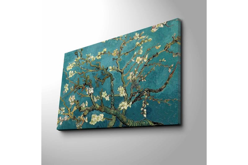 Canvas-taulu 70x45 cm - Kukkivia oksia turkoosia taustaa vasten - Turkoosi / Valkoinen / Tummanvihreä - Sisustustuotteet - Taulu & taide - Canvas-taulu