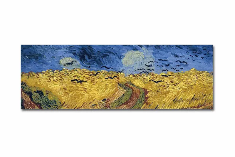 Canvas-taulu 70x45 cm - Kultaiset vehnäpellot dramaattisen taivaan alla, Keltainen / Sininen / Vihreä