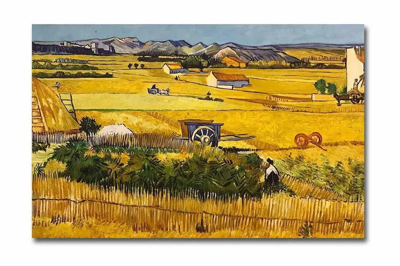 Canvas-taulu 70x45 cm - Maaseutumaisema sadonkorjuutyöntekijöiden kanssa kultaisella niityllä, Keltainen / Vihreä / Ruskea