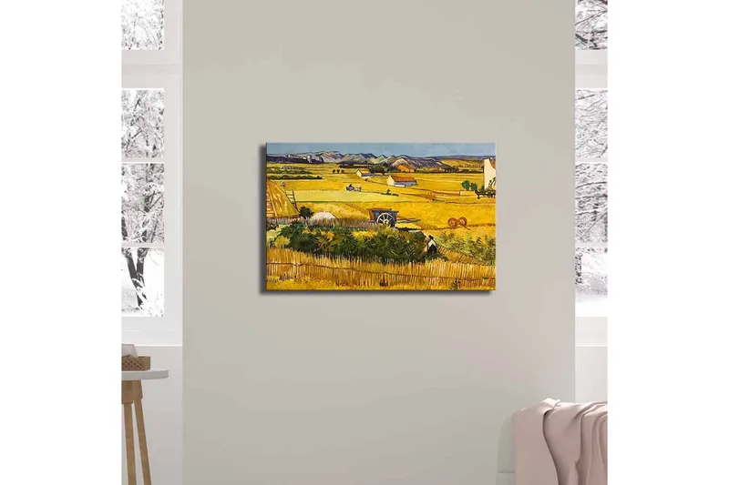 Canvas-taulu 70x45 cm - Maaseutumaisema sadonkorjuutyöntekijöiden kanssa kultaisella niityllä - Keltainen / Vihreä / Ruskea - Sisustustuotteet - Taulu & taide - Canvas-taulu