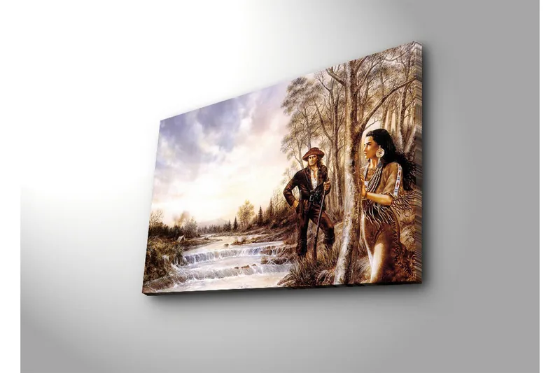 Canvas-taulu 70x45 cm - Mies luonnossa, nainen ja mies perinneasuissa joen rannalla - Ruskea / Vihreä / Sininen - Sisustustuotteet - Taulu & taide - Canvas-taulu