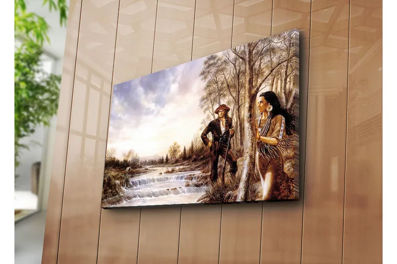 Canvas-taulu 70x45 cm - Mies luonnossa, nainen ja mies perinneasuissa joen rannalla, Ruskea / Vihreä / Sininen