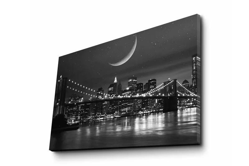 Canvas-taulu 70x45 cm - Mustavalkoinen kaupunkikuva sillalla ja puolikuu horisontin yllä, Musta / Valkoinen / Harmaa