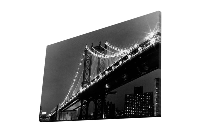 Canvas-taulu 70x45 cm - Mustavalkoinen kuva sillasta, jonka valopisteet kimaltelevat yössä - Musta / Valkoinen - Sisustustuotteet - Taulu & taide - Canvas-taulu