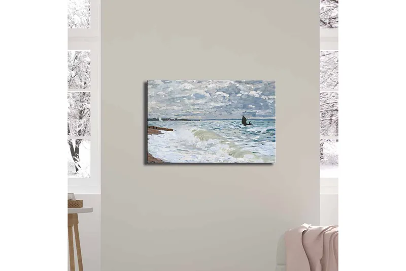 Canvas-taulu 70x45 cm - Myrskyisä merimaisema kivillä ja aalloilla - Sininen / Harmaa / Valkoinen - Sisustustuotteet - Taulu & taide - Canvas-taulu