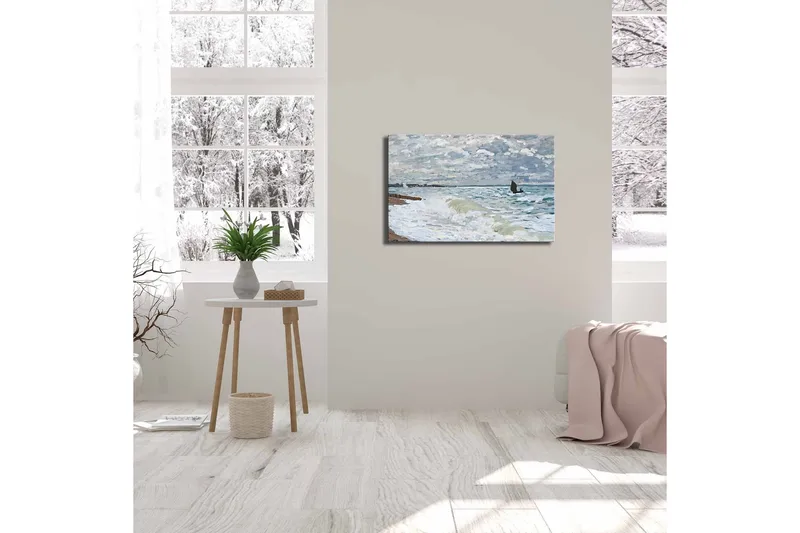 Canvas-taulu 70x45 cm - Myrskyisä merimaisema kivillä ja aalloilla - Sininen / Harmaa / Valkoinen - Sisustustuotteet - Taulu & taide - Canvas-taulu