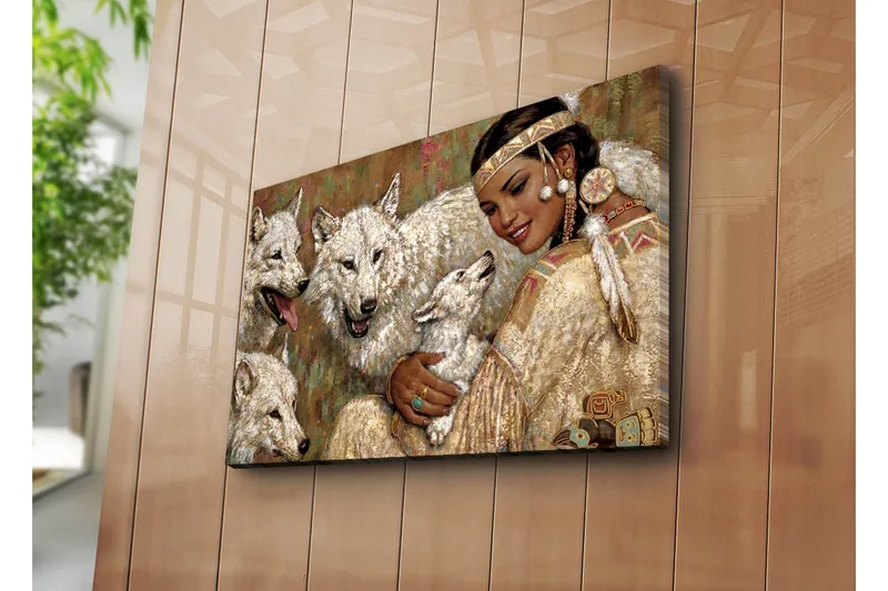 Canvas-taulu 70x45 cm - Nainen perinteisessä asussa susien ympäröimänä, Valkoinen / Beige / Vihreä