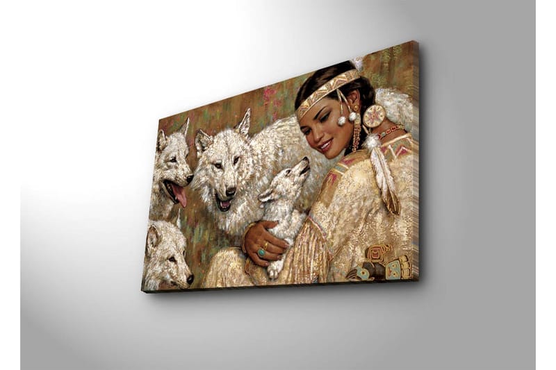 Canvas-taulu 70x45 cm - Nainen perinteisessä asussa susien ympäröimänä - Valkoinen / Beige / Vihreä - Sisustustuotteet - Taulu & taide - Canvas-taulu