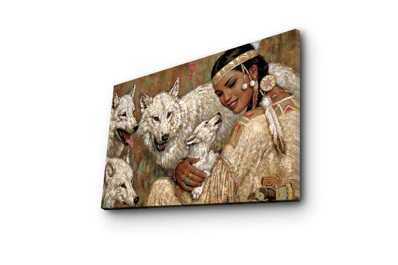 Canvas-taulu 70x45 cm - Nainen perinteisessä asussa susien ympäröimänä - Valkoinen / Beige / Vihreä - Sisustustuotteet - Taulu & taide - Canvas-taulu