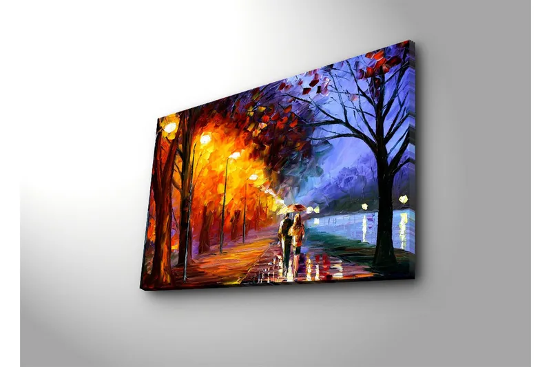 Canvas-taulu 70x45 cm - Romanttinen kävely sateessa sateenvarjojen kanssa värikkäässä syysympäristössä - Oranssi / Sininen / Keltainen - Sisustustuotteet - Taulu & taide - Canvas-taulu