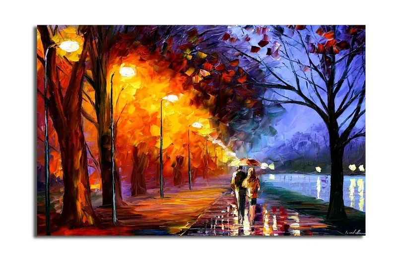 Canvas-taulu 70x45 cm - Romanttinen kävely sateessa sateenvarjojen kanssa värikkäässä syysympäristössä - Oranssi / Sininen / Keltainen - Sisustustuotteet - Taulu & taide - Canvas-taulu