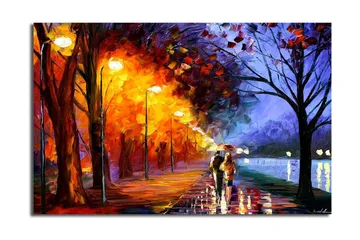 Canvas-taulu 70x45 cm - Romanttinen kävely sateessa sateenvarjojen kanssa värikkäässä syysympäristössä - Oranssi / Sininen / Keltainen - Sisustustuotteet - Taulu & taide - Canvas-taulu