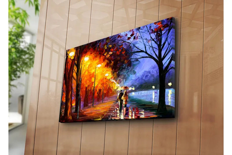 Canvas-taulu 70x45 cm - Romanttinen kävely sateessa sateenvarjojen kanssa värikkäässä syysympäristössä - Oranssi / Sininen / Keltainen - Sisustustuotteet - Taulu & taide - Canvas-taulu