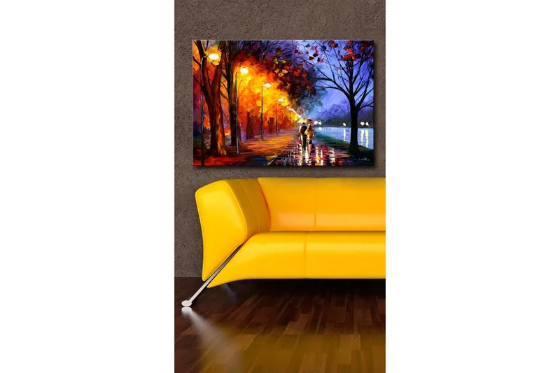 Canvas-taulu 70x45 cm - Romanttinen kävely sateessa sateenvarjojen kanssa värikkäässä syysympäristössä - Oranssi / Sininen / Keltainen - Sisustustuotteet - Taulu & taide - Canvas-taulu