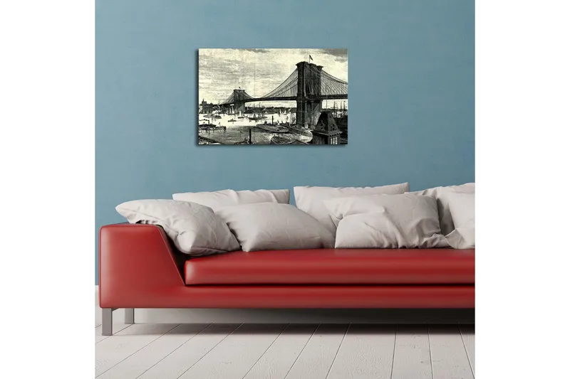 Canvas-taulu 70x45 cm - Sillan yleiskatsaus, kaupunkisiluetti ja veneet vedessä, Musta / Harmaa / Valkoinen
