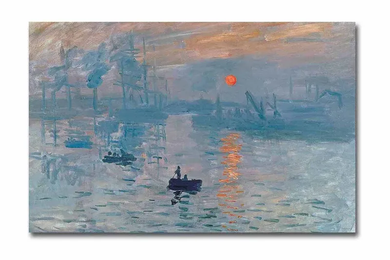 Canvas-taulu 70x45 cm - Tunnelmallinen merinäkymä veneellä ja auringonlaskulla, Sininen / Oranssi / Harmaa