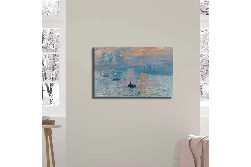 Canvas-taulu 70x45 cm - Tunnelmallinen merinäkymä veneellä ja auringonlaskulla - Sininen / Oranssi / Harmaa - Sisustustuotteet - Taulu & taide - Canvas-taulu