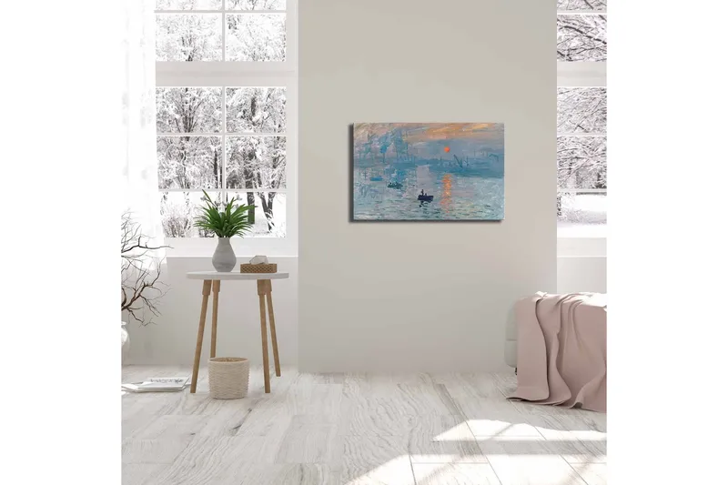 Canvas-taulu 70x45 cm - Tunnelmallinen merinäkymä veneellä ja auringonlaskulla - Sininen / Oranssi / Harmaa - Sisustustuotteet - Taulu & taide - Canvas-taulu