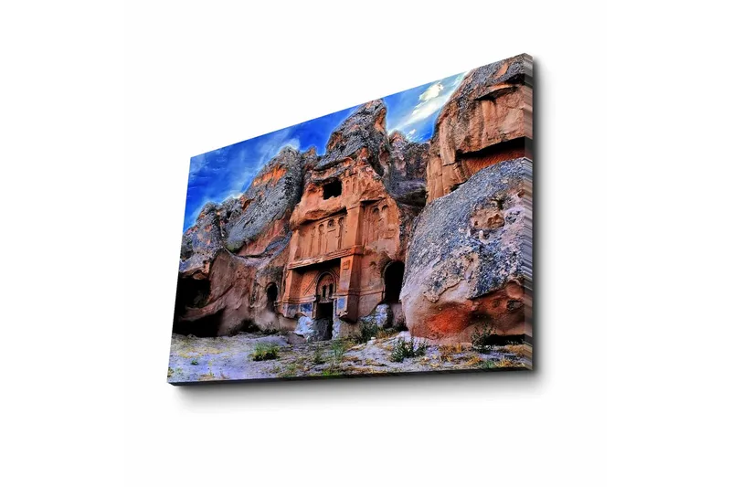 Canvas-taulu 70x45 cm - Upea kalliomuodostelma historiallisine rakennuksineen - Terrakotta / Harmaa / Sininen - Sisustustuotteet - Taulu & taide - Canvas-taulu