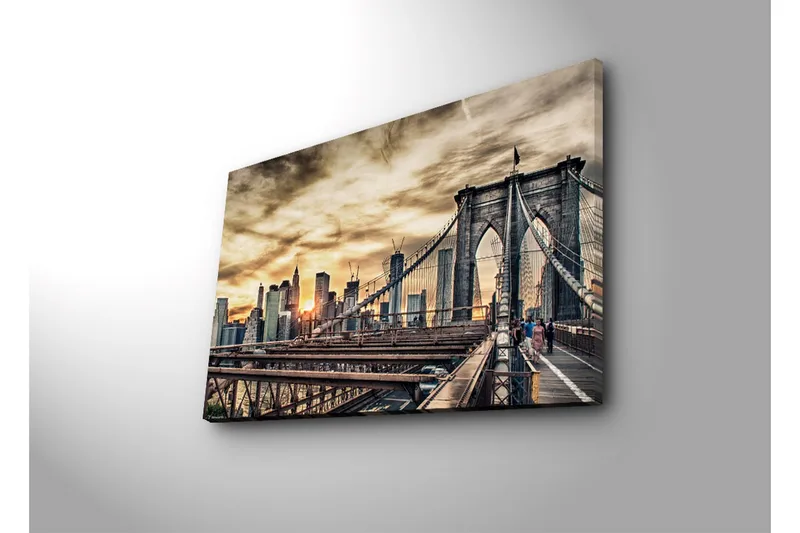 Canvas-taulu 70x45 cm - Upea näkymä Brooklyn Bridgelle ja taustalla kaupungin siluetti - Kulta / Harmaa / Sininen - Sisustustuotteet - Taulu & taide - Canvas-taulu