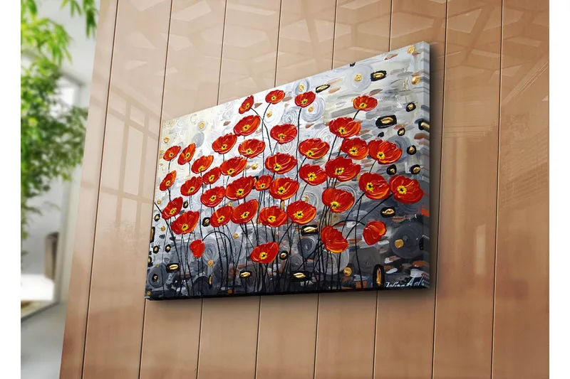 Canvas-taulu 70x45 cm - Värikäs unikkokimppu punaisessa sävyssä - Punainen / Musta / Harmaa - Sisustustuotteet - Taulu & taide - Canvas-taulu