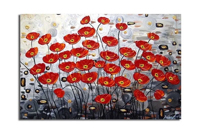 Canvas-taulu 70x45 cm - Värikäs unikkokimppu punaisessa sävyssä, Punainen / Musta / Harmaa