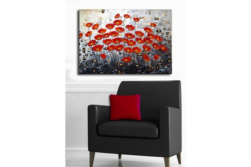 Canvas-taulu 70x45 cm - Värikäs unikkokimppu punaisessa sävyssä - Punainen / Musta / Harmaa - Sisustustuotteet - Taulu & taide - Canvas-taulu